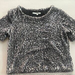 Sparkly Sequin Crop Top – Silver/Black Metallic Party Top – Short Sleeve, Medium